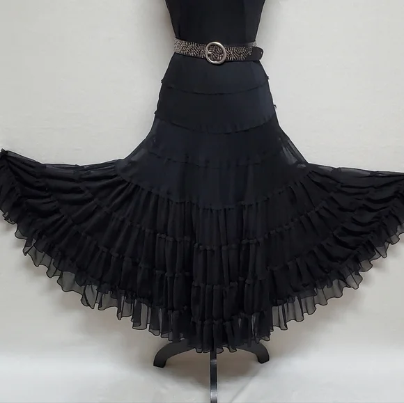 𝅺VINTAGE Jones Wear Black Chiffon Sleeveless Tiered Ruffle Full Skirt Midi Dres - Picture 8 of 15